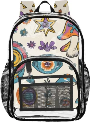 Trippy Eye and Flora Set Clear Plastic Backpack - Transparent PVC Heavy Duty Bag with Large Main Pocket and Mesh Pockets - Ideal for School, Travel, Outings - Clear Backpack for Everyday Use