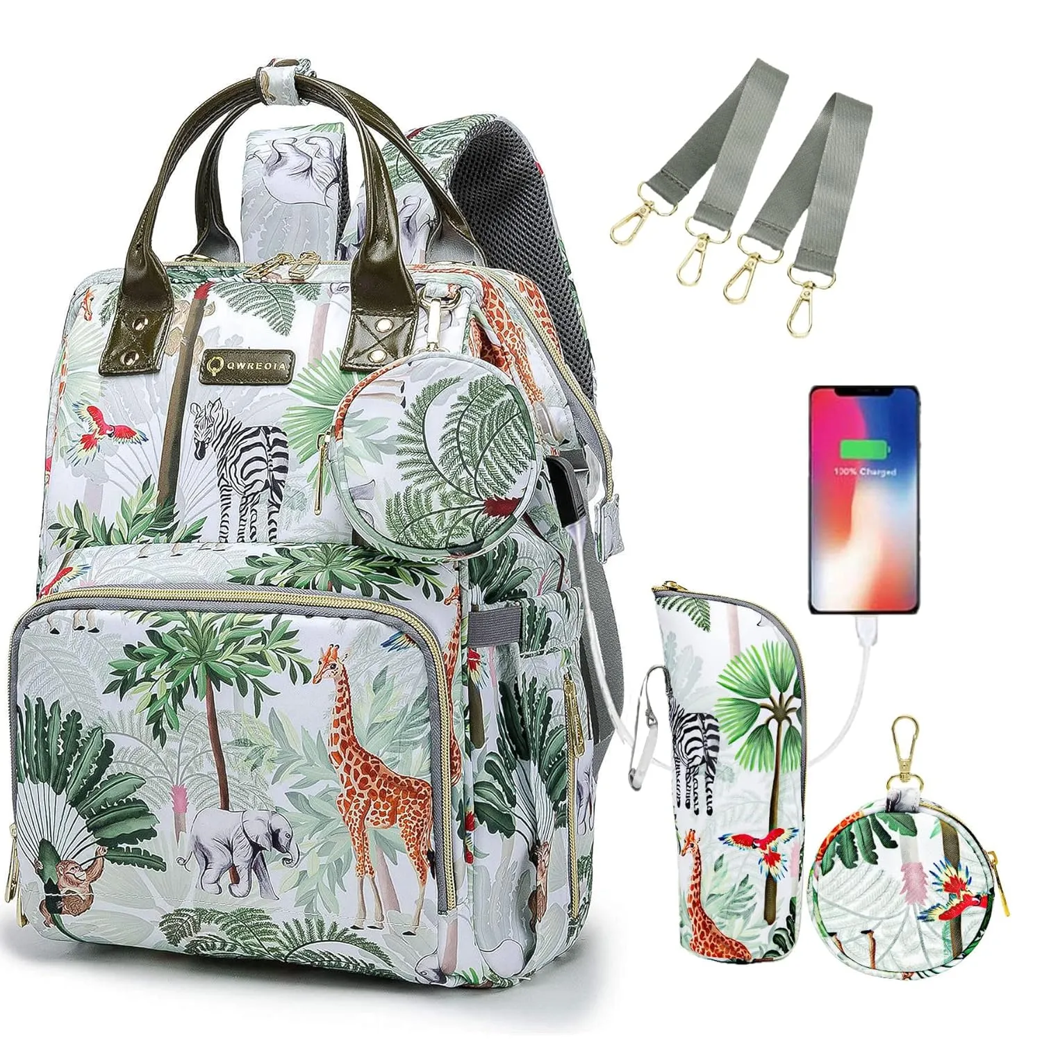 Tropical Rainforest Diaper Bag Backpack,Animal Nappy Backpack with Coin Bag USB Charging Port Stroller Straps and Insulated Pocket For Women/Mom/Travel (Animal Pattern)