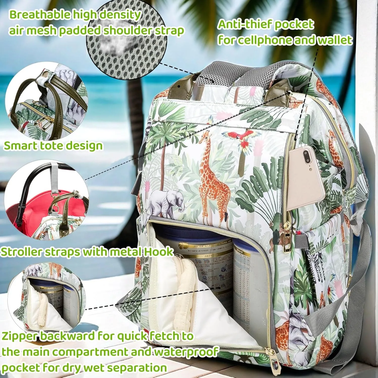Tropical Rainforest Diaper Bag Backpack,Animal Nappy Backpack with Coin Bag USB Charging Port Stroller Straps and Insulated Pocket For Women/Mom/Travel (Animal Pattern)