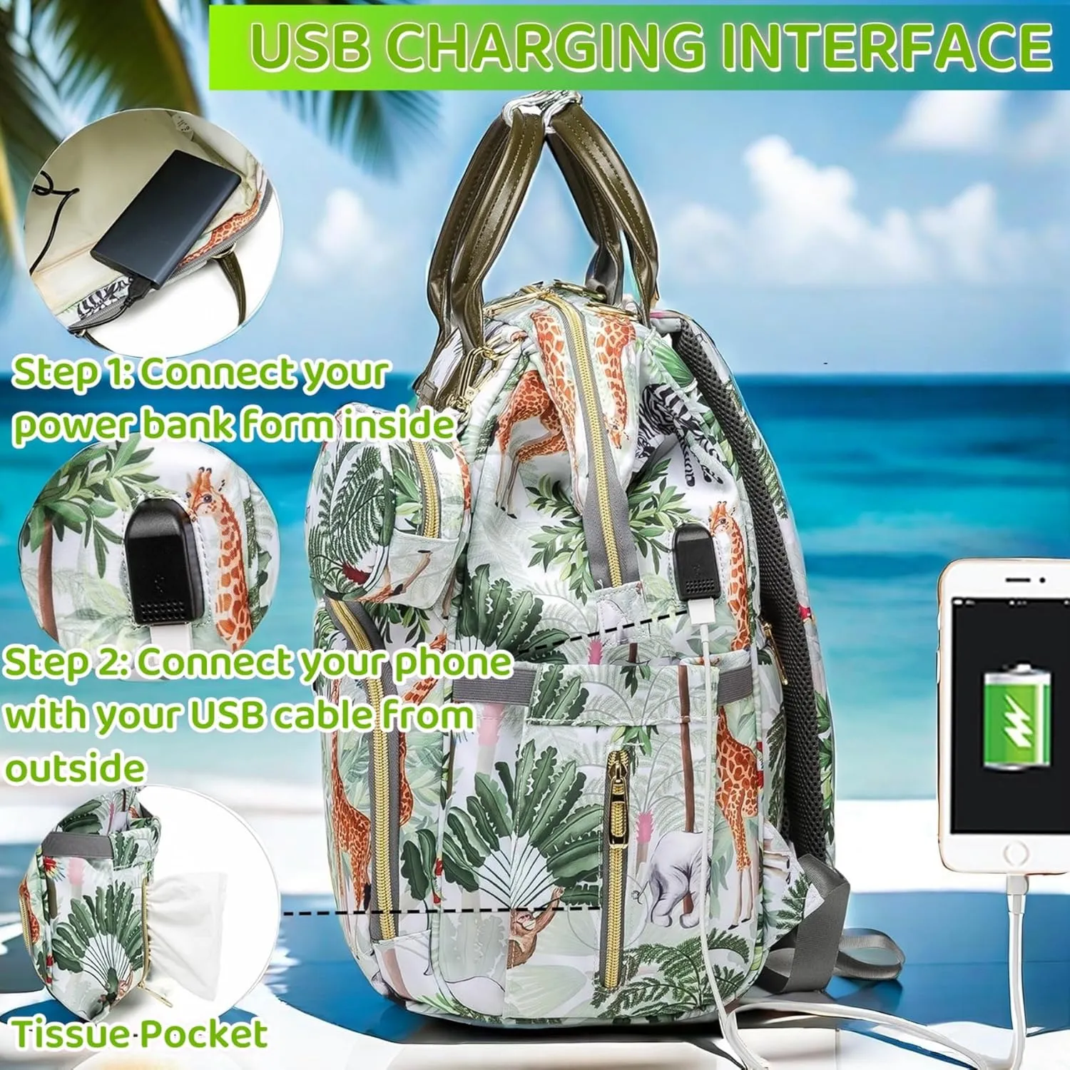 Tropical Rainforest Diaper Bag Backpack,Animal Nappy Backpack with Coin Bag USB Charging Port Stroller Straps and Insulated Pocket For Women/Mom/Travel (Animal Pattern)