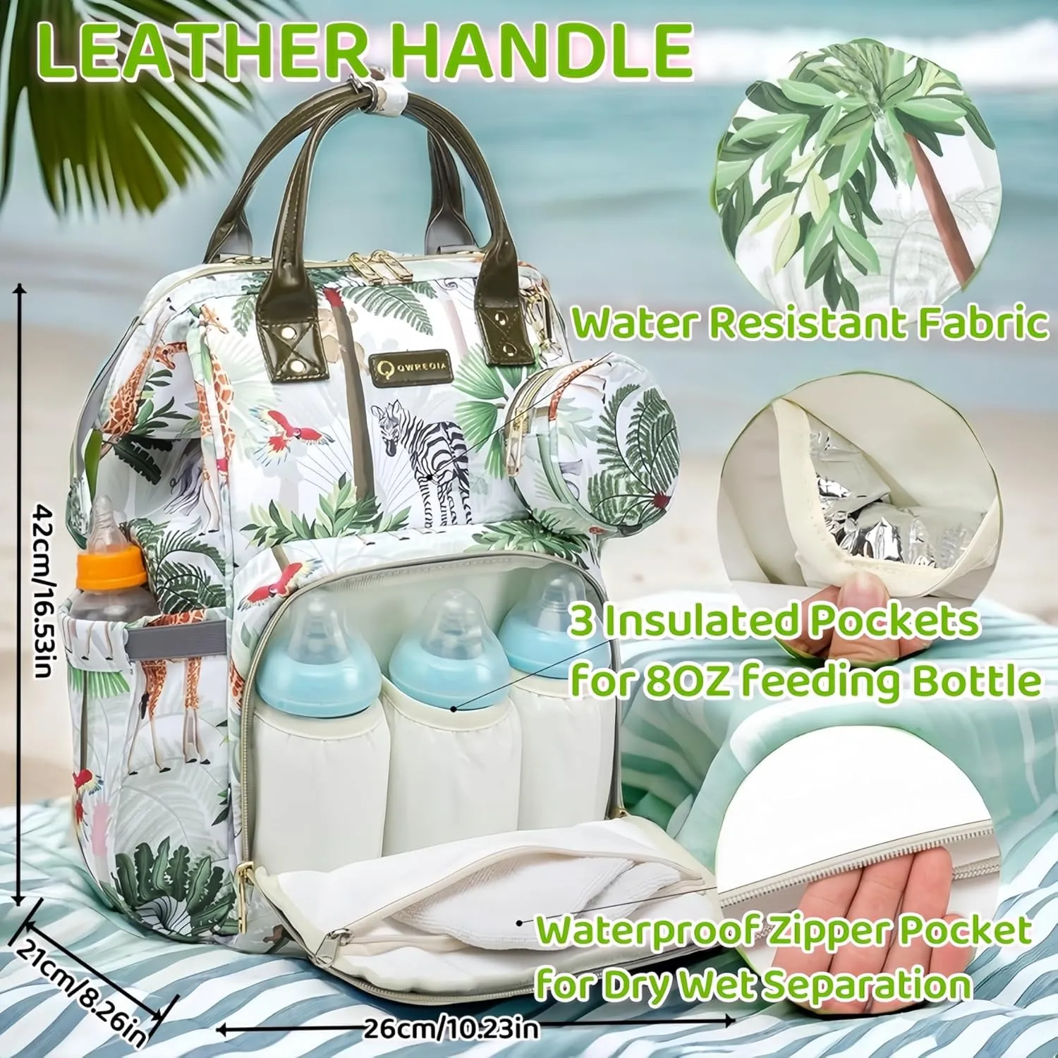 Tropical Rainforest Diaper Bag Backpack,Animal Nappy Backpack with Coin Bag USB Charging Port Stroller Straps and Insulated Pocket For Women/Mom/Travel (Animal Pattern)