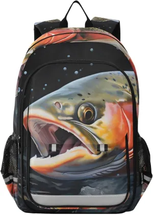 Trout Face Closeup Backpack Travel Laptop Daypack Shoulder Bag Book Bag Daypack with Reflective Strip 12.9 ×17.7 In