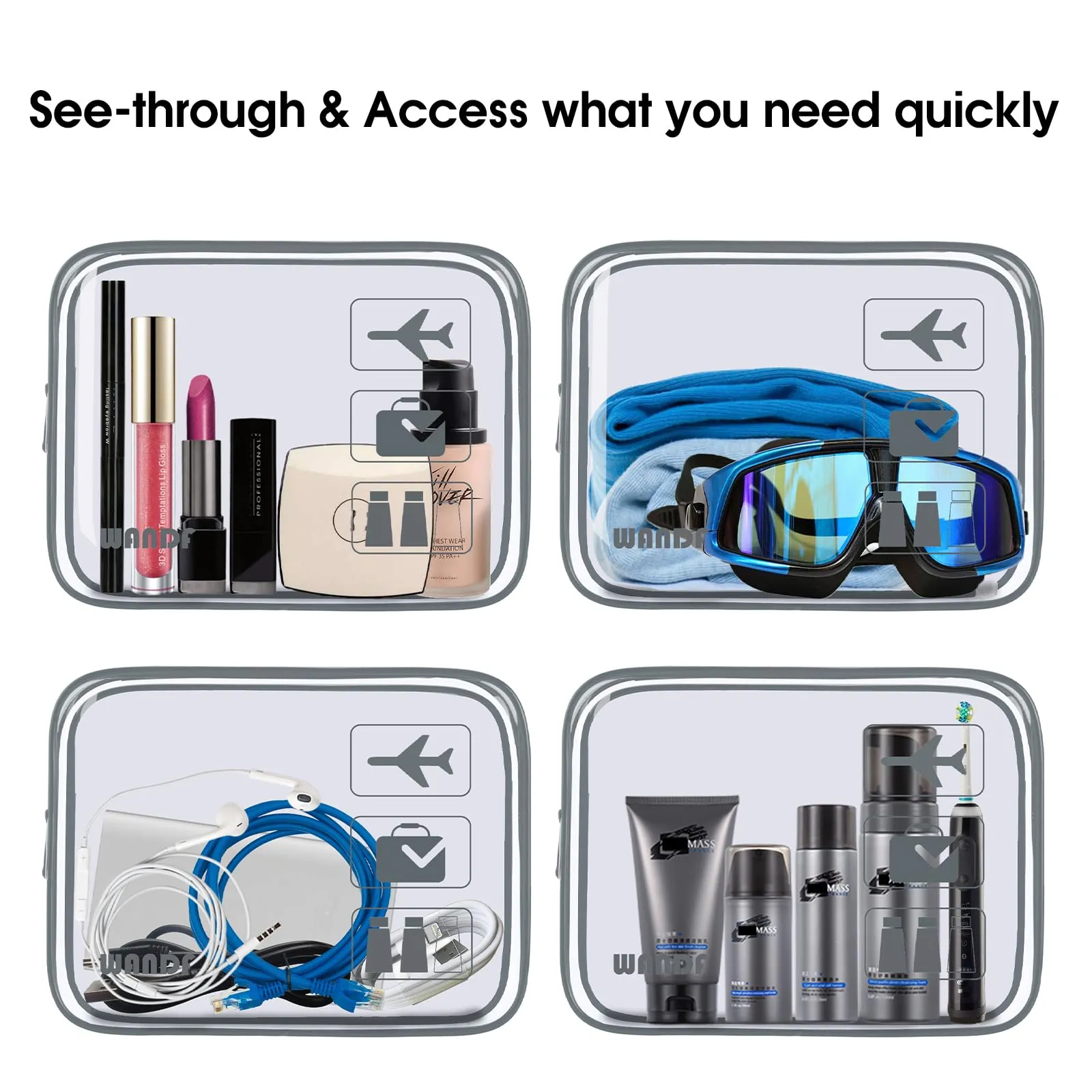 TSA Approved Clear Travel Toiletry Bag wih Zippers Carry-on Travel Accessories Quart Size Toiletries Cosmetic Pouch Makeup Bags for Men and Women (2pcs Grey)