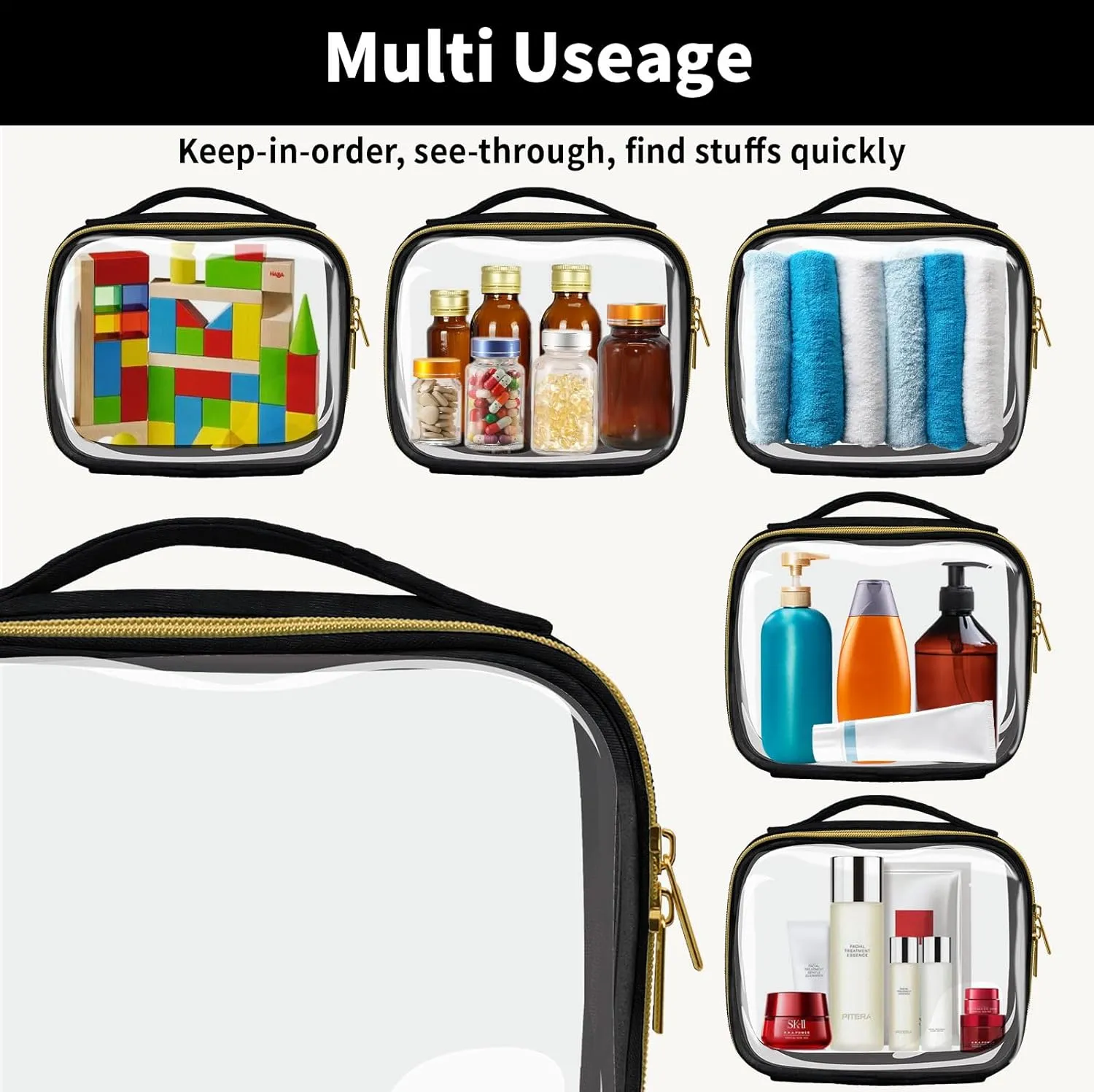 TSA Approved Travel Toiletry Bag,3 Pack Clear Makeup Bags with Handles,Quart Size Clear Cosmetic Bags for Traveling Women,Men,Carry on Airport Airline Compliant Bag,Black