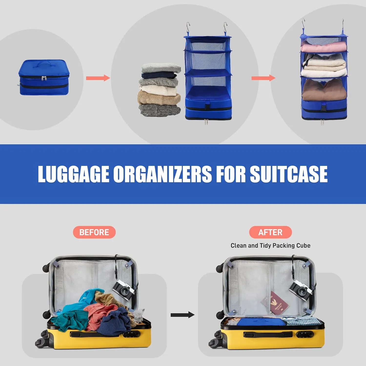 Twira Portable Hanging Travel Shelves Bags, Suitcase Organizer, Packing Cubes for Travel, Carry-On Closet Insert, Large Capacity Travel Bags Collapsible 4-Shelf Travel Closet with 2 Hooks (Blue)