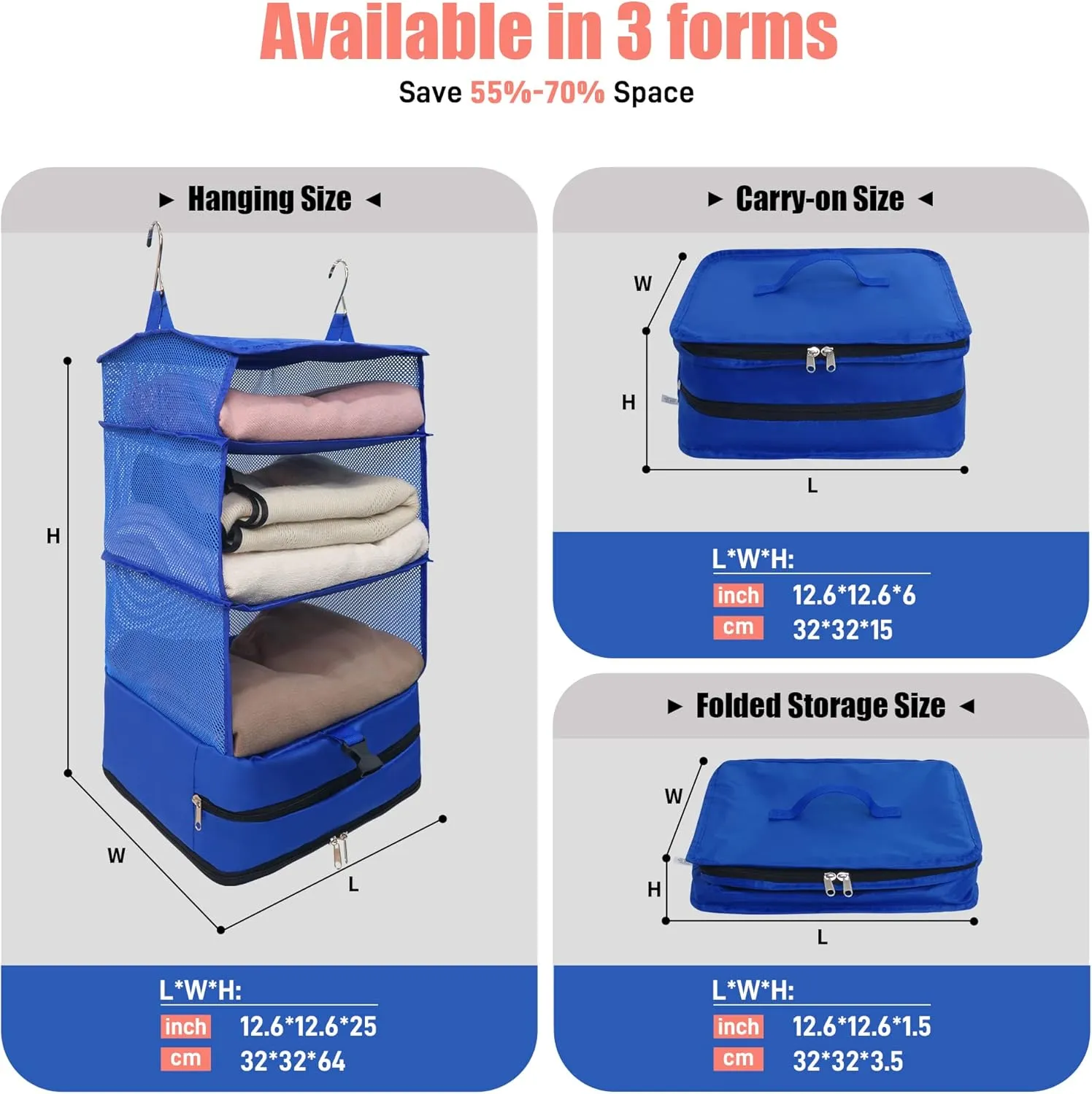 Twira Portable Hanging Travel Shelves Bags, Suitcase Organizer, Packing Cubes for Travel, Carry-On Closet Insert, Large Capacity Travel Bags Collapsible 4-Shelf Travel Closet with 2 Hooks (Blue)