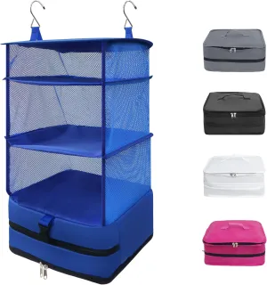 Twira Portable Hanging Travel Shelves Bags, Suitcase Organizer, Packing Cubes for Travel, Carry-On Closet Insert, Large Capacity Travel Bags Collapsible 4-Shelf Travel Closet with 2 Hooks (Blue)
