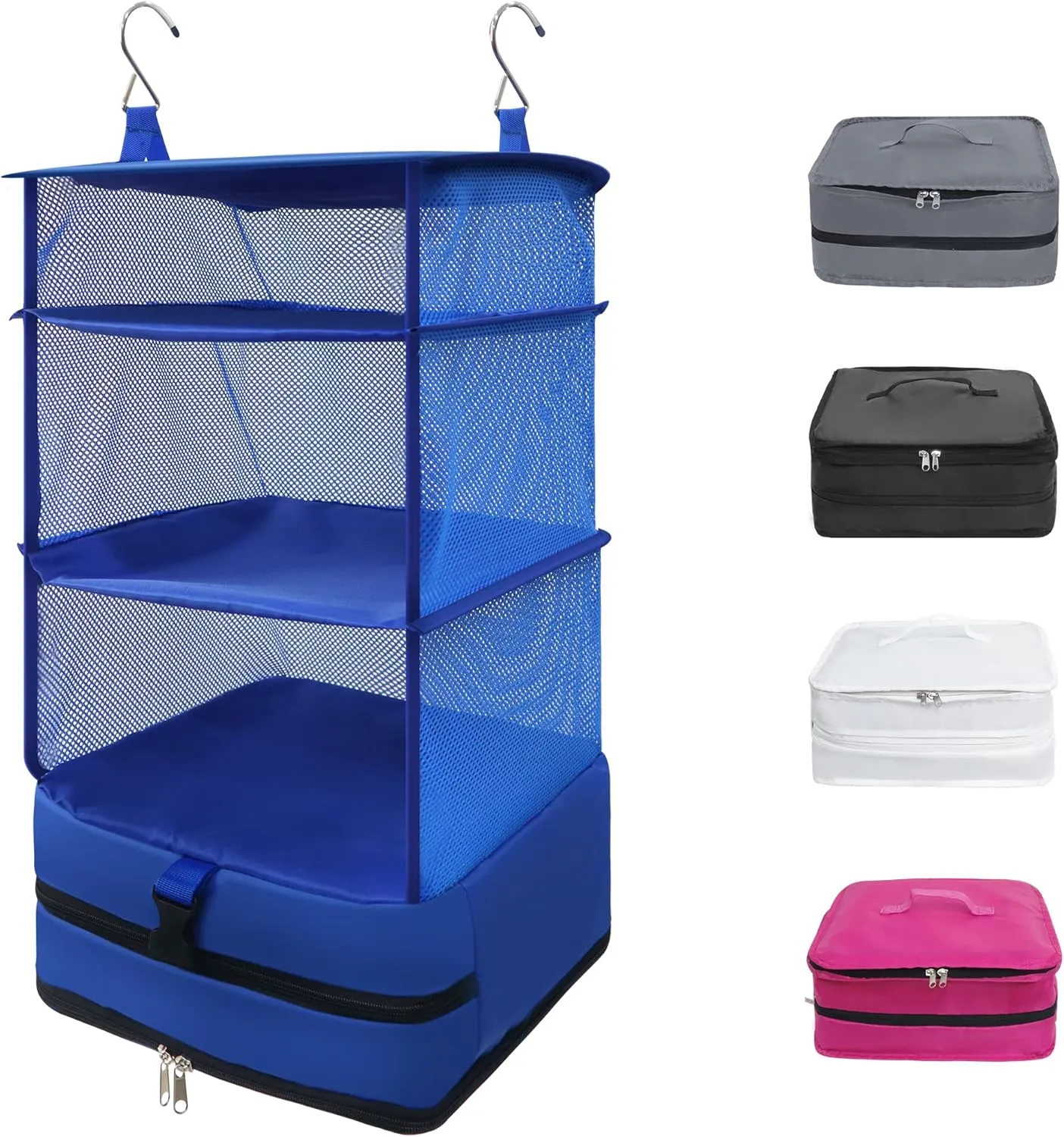 Twira Portable Hanging Travel Shelves Bags, Suitcase Organizer, Packing Cubes for Travel, Carry-On Closet Insert, Large Capacity Travel Bags Collapsible 4-Shelf Travel Closet with 2 Hooks (Blue)