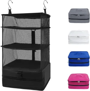 Twira Portable Hanging Travel Shelves - Suitcase Organizer, Carry-On Closet Insert, Collapsible 4-Shelf Travel Closet with 2 Hooks (Black)