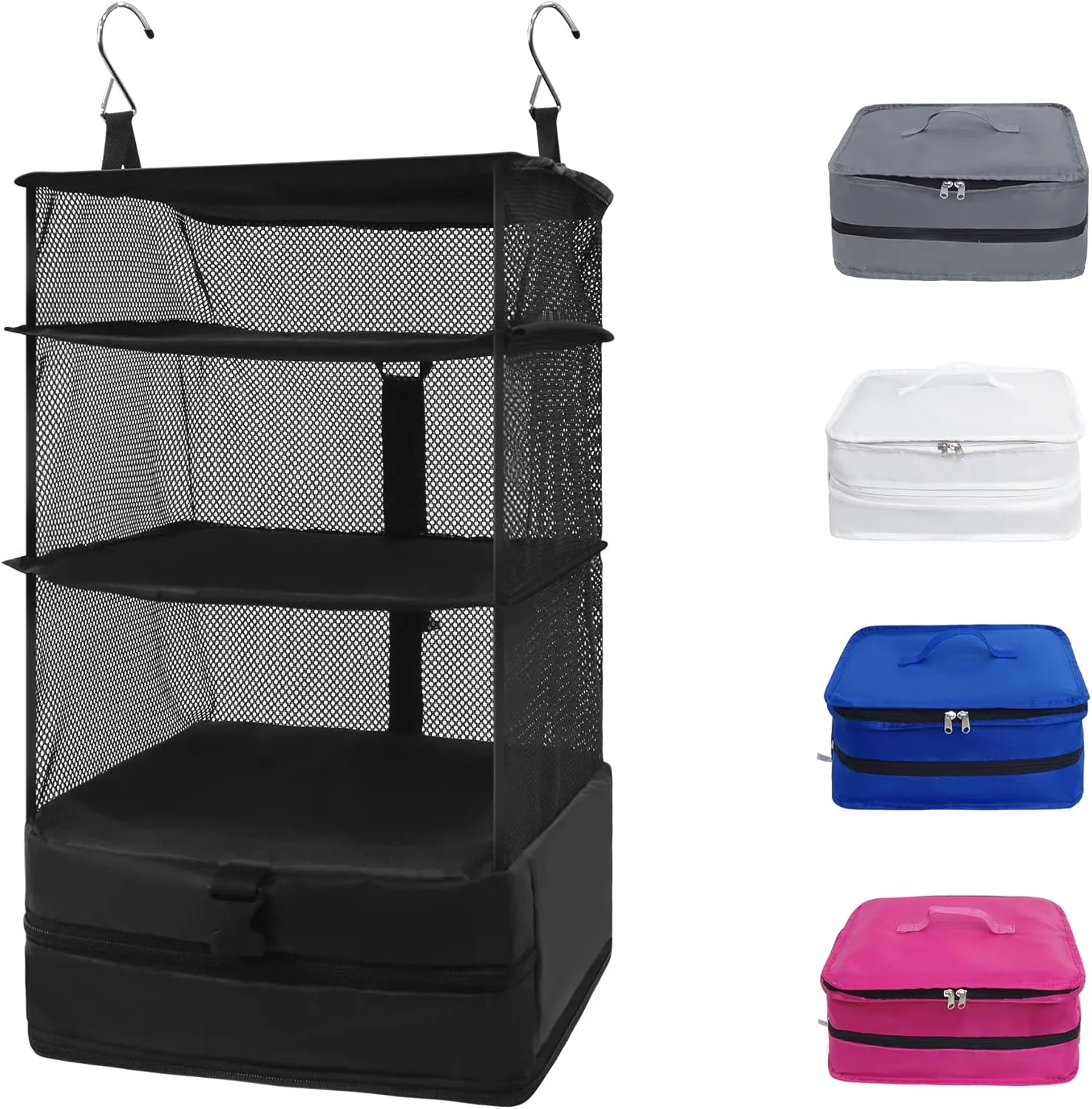 Twira Portable Hanging Travel Shelves - Suitcase Organizer, Carry-On Closet Insert, Collapsible 4-Shelf Travel Closet with 2 Hooks (Black)