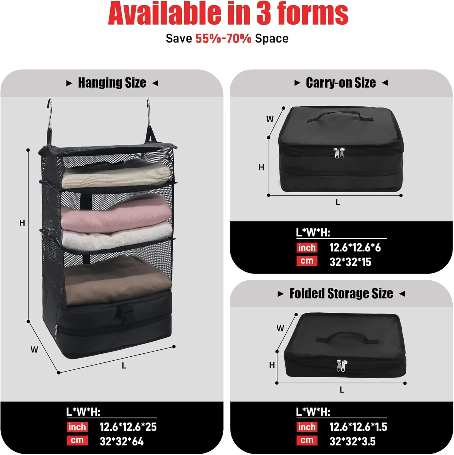 Twira Portable Hanging Travel Shelves - Suitcase Organizer, Carry-On Closet Insert, Collapsible 4-Shelf Travel Closet with 2 Hooks (Black)