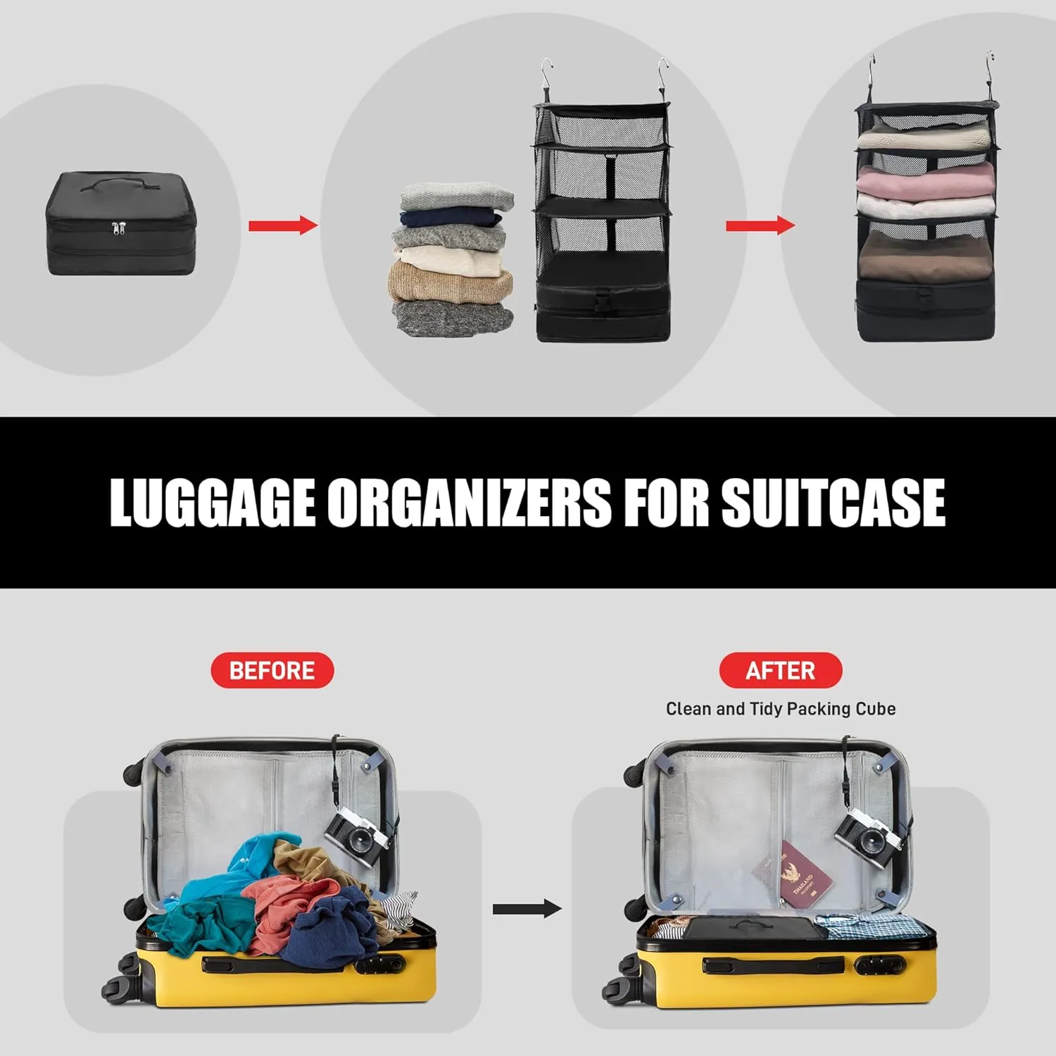 Twira Portable Hanging Travel Shelves - Suitcase Organizer, Carry-On Closet Insert, Collapsible 4-Shelf Travel Closet with 2 Hooks (Black)