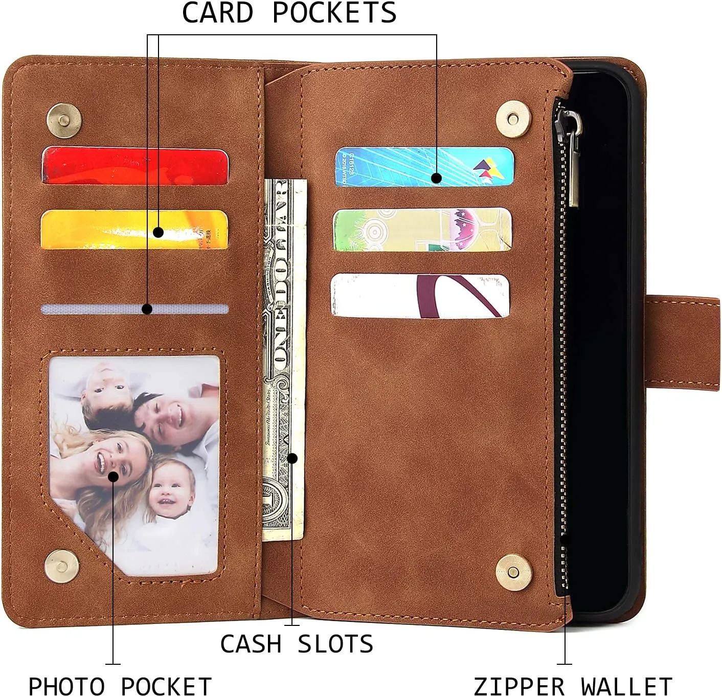 UEEBAI Wallet Case for iPhone 11 - PU Leather Magnetic Closure Handbag With Zipper Pocket, Kickstand, Card Slots and Hand Strap - Marple Flip for Women - Brown