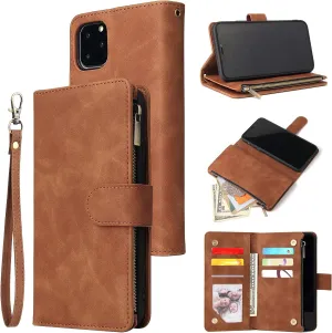 UEEBAI Wallet Case for iPhone 11 - PU Leather Magnetic Closure Handbag With Zipper Pocket, Kickstand, Card Slots and Hand Strap - Marple Flip for Women - Brown