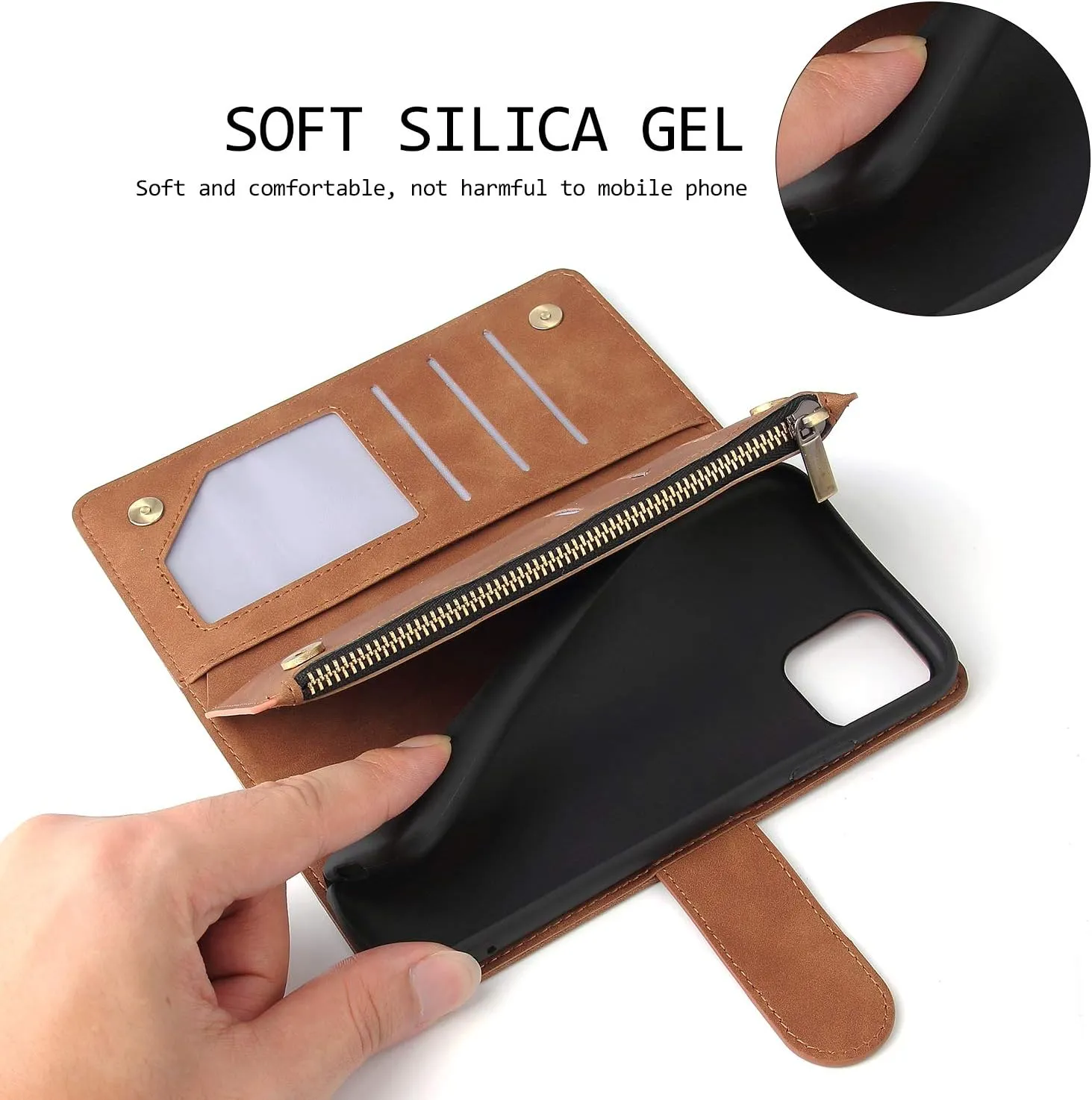 UEEBAI Wallet Case for iPhone 11 - PU Leather Magnetic Closure Handbag With Zipper Pocket, Kickstand, Card Slots and Hand Strap - Marple Flip for Women - Brown