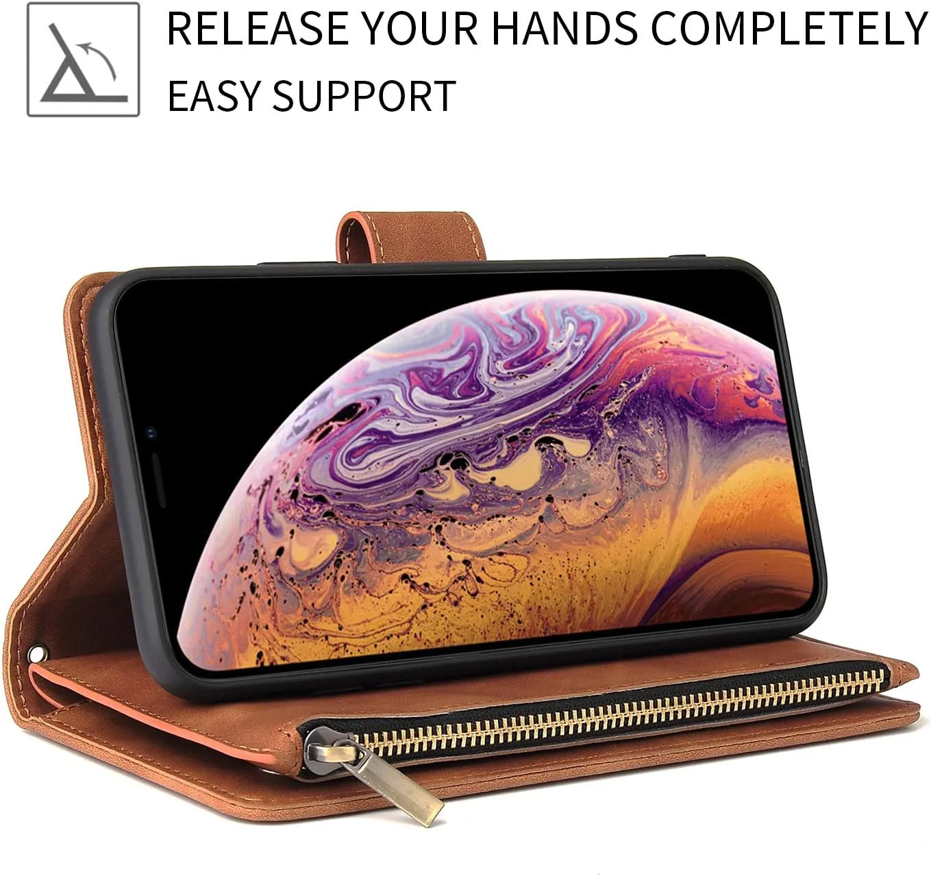 UEEBAI Wallet Case for iPhone 11 - PU Leather Magnetic Closure Handbag With Zipper Pocket, Kickstand, Card Slots and Hand Strap - Marple Flip for Women - Brown