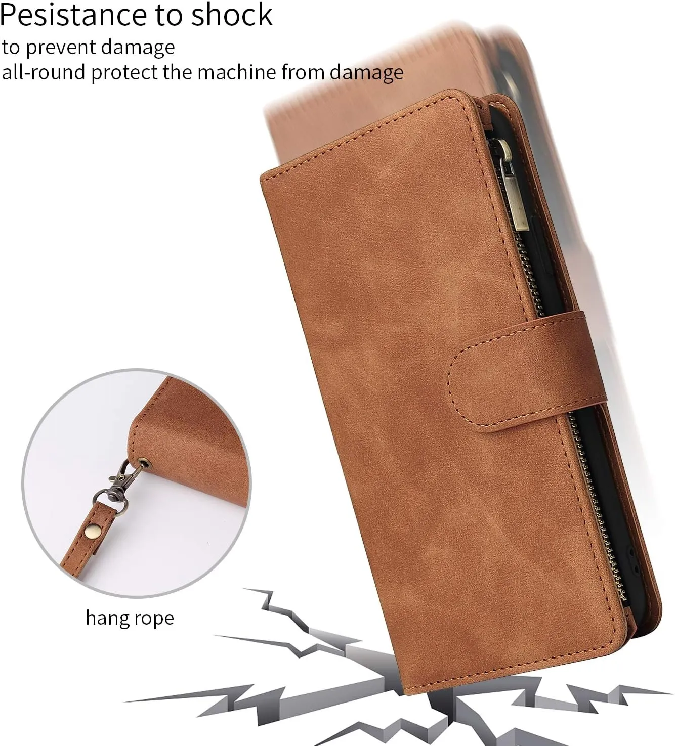 UEEBAI Wallet Case for iPhone 11 - PU Leather Magnetic Closure Handbag With Zipper Pocket, Kickstand, Card Slots and Hand Strap - Marple Flip for Women - Brown