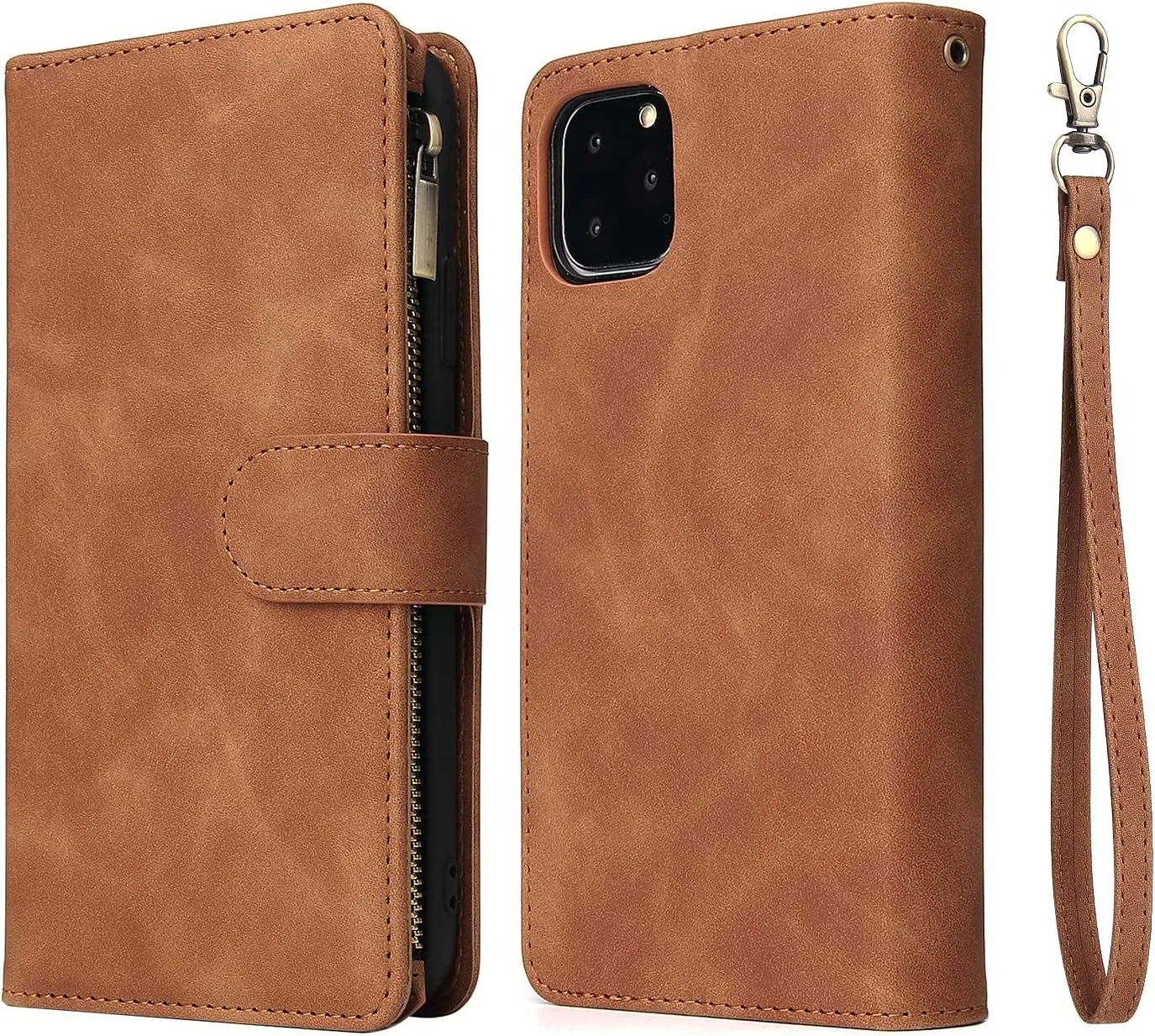 UEEBAI Wallet Case for iPhone 11 - PU Leather Magnetic Closure Handbag With Zipper Pocket, Kickstand, Card Slots and Hand Strap - Marple Flip for Women - Brown