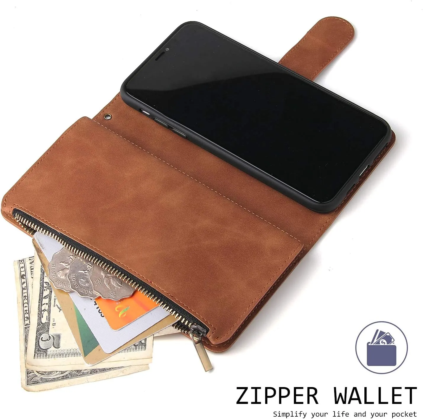 UEEBAI Wallet Case for iPhone 11 - PU Leather Magnetic Closure Handbag With Zipper Pocket, Kickstand, Card Slots and Hand Strap - Marple Flip for Women - Brown