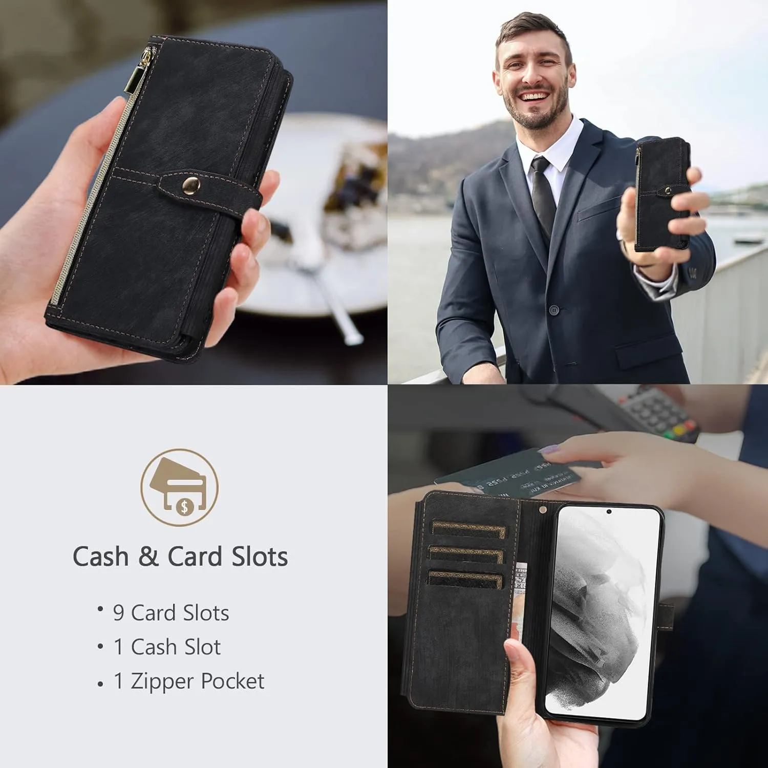 UEEBAI Wallet Case for iPhone 16e, 9 Card Slots Retro Leather Wallet Flip Cover for Women with Hand Strap Card Slots Zipper Pocket Kickstand Handbag Magnetic Closure Flip Case for SE4- Black