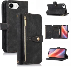 UEEBAI Wallet Case for iPhone 16e, 9 Card Slots Retro Leather Wallet Flip Cover for Women with Hand Strap Card Slots Zipper Pocket Kickstand Handbag Magnetic Closure Flip Case for SE4- Black
