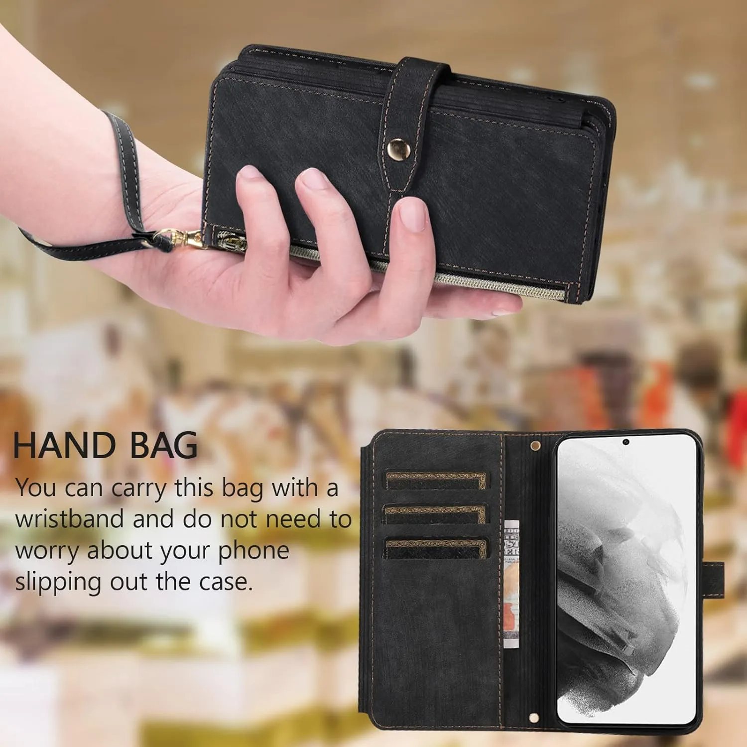 UEEBAI Wallet Case for iPhone 16e, 9 Card Slots Retro Leather Wallet Flip Cover for Women with Hand Strap Card Slots Zipper Pocket Kickstand Handbag Magnetic Closure Flip Case for SE4- Black