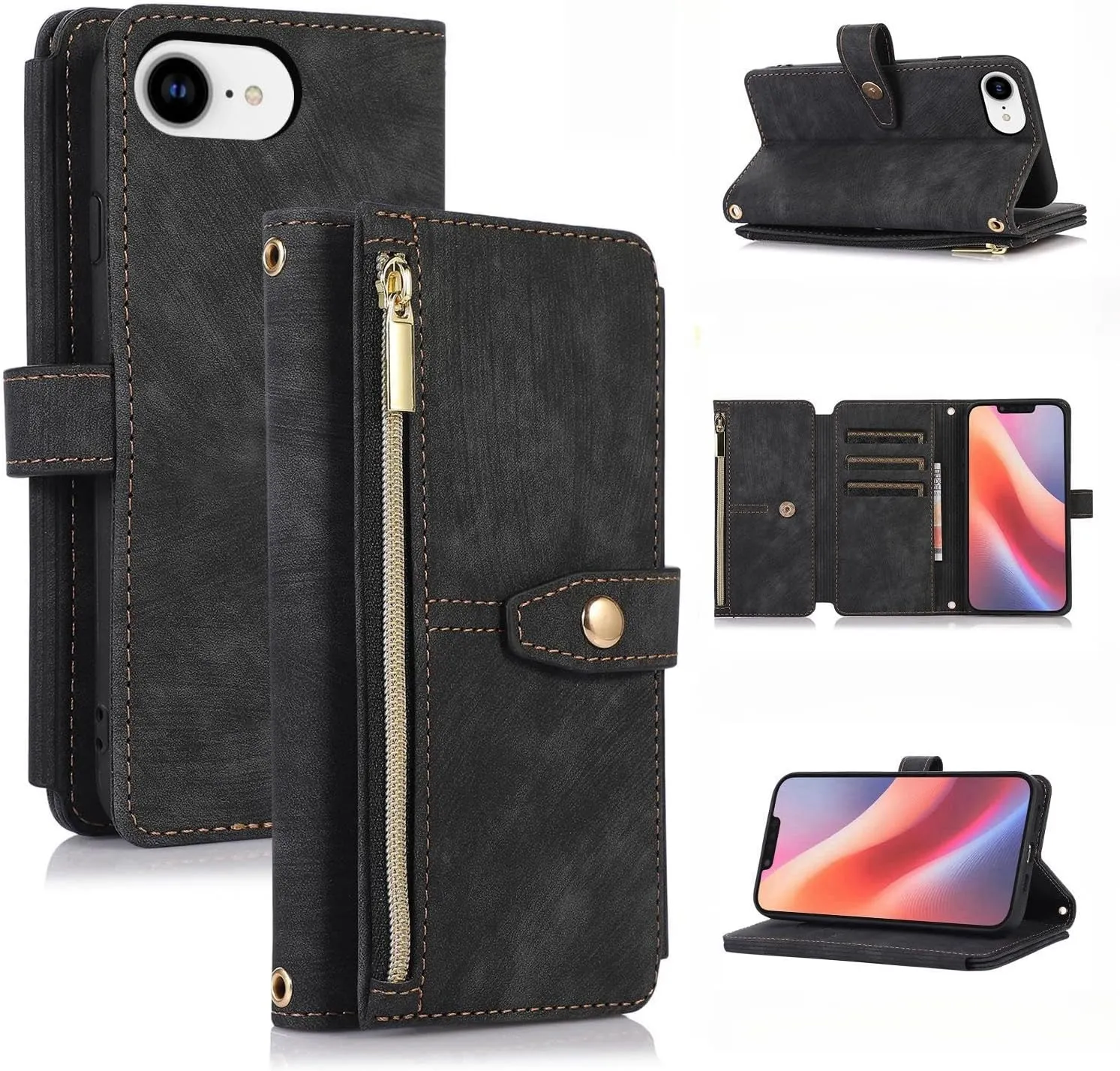 UEEBAI Wallet Case for iPhone 16e, 9 Card Slots Retro Leather Wallet Flip Cover for Women with Hand Strap Card Slots Zipper Pocket Kickstand Handbag Magnetic Closure Flip Case for SE4- Black