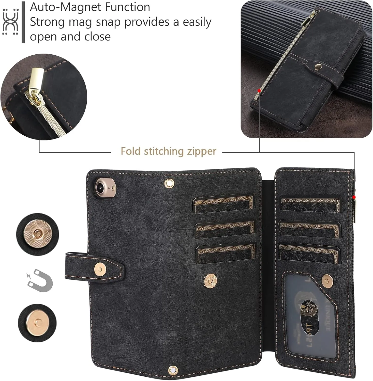 UEEBAI Wallet Case for iPhone 16e, 9 Card Slots Retro Leather Wallet Flip Cover for Women with Hand Strap Card Slots Zipper Pocket Kickstand Handbag Magnetic Closure Flip Case for SE4- Black