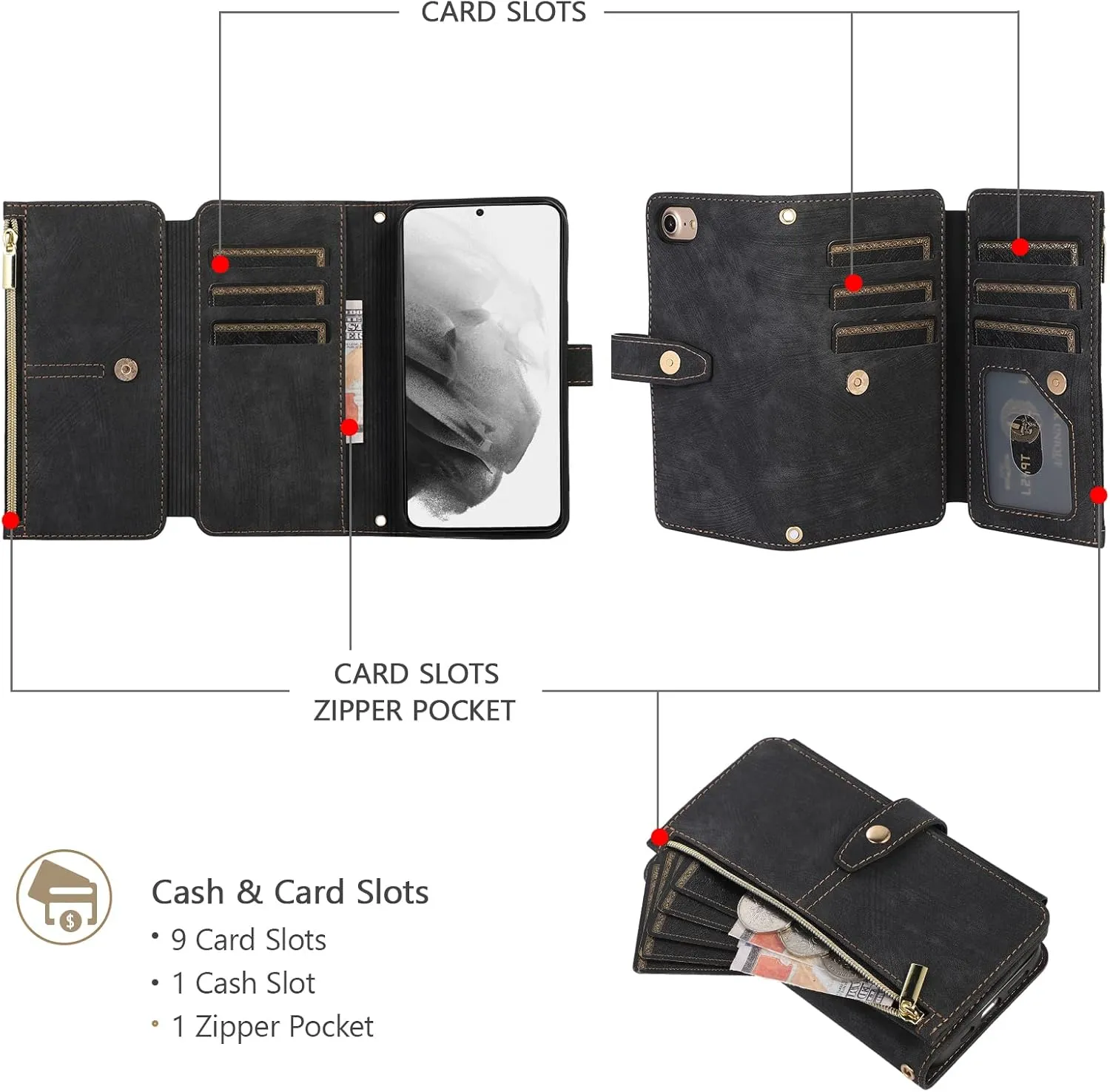 UEEBAI Wallet Case for iPhone 16e, 9 Card Slots Retro Leather Wallet Flip Cover for Women with Hand Strap Card Slots Zipper Pocket Kickstand Handbag Magnetic Closure Flip Case for SE4- Black