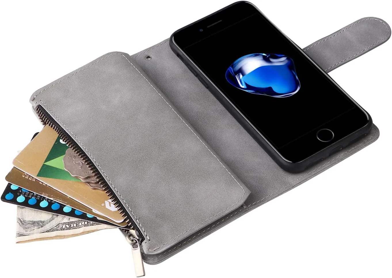 UEEBAI Wallet Case for iPhone 7/iPhone 8/iPhone SE, PU Leather Case Magnetic Closure Handbag Zipper Pocket Case Kickstand Card Slots with Hand Strap Marple Flip Case for Women - Grey