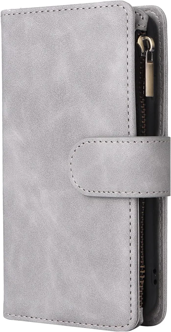 UEEBAI Wallet Case for iPhone 7/iPhone 8/iPhone SE, PU Leather Case Magnetic Closure Handbag Zipper Pocket Case Kickstand Card Slots with Hand Strap Marple Flip Case for Women - Grey