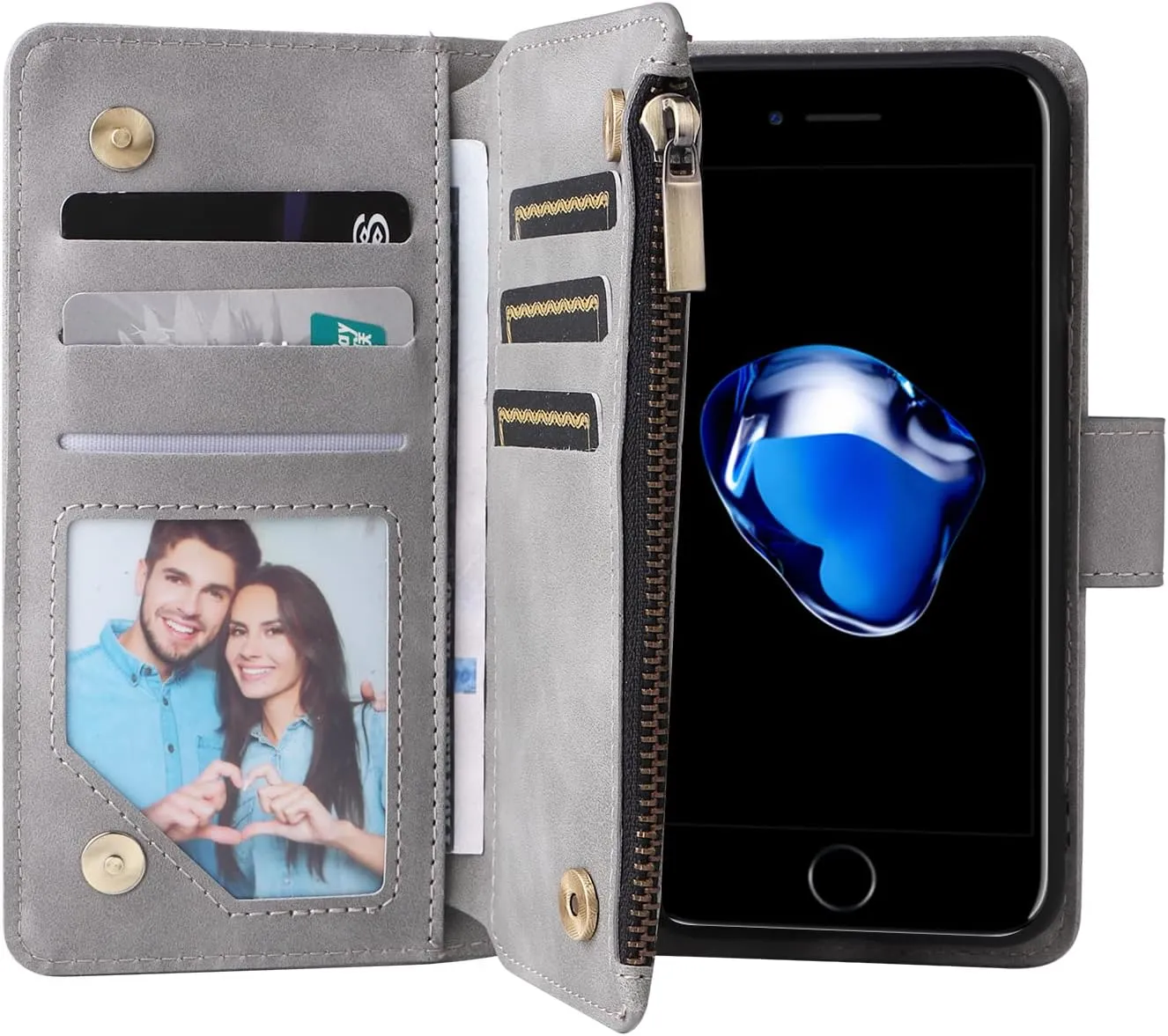 UEEBAI Wallet Case for iPhone 7/iPhone 8/iPhone SE, PU Leather Case Magnetic Closure Handbag Zipper Pocket Case Kickstand Card Slots with Hand Strap Marple Flip Case for Women - Grey
