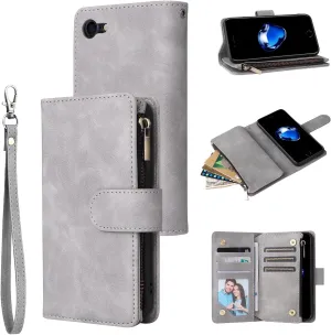 UEEBAI Wallet Case for iPhone 7/iPhone 8/iPhone SE, PU Leather Case Magnetic Closure Handbag Zipper Pocket Case Kickstand Card Slots with Hand Strap Marple Flip Case for Women - Grey