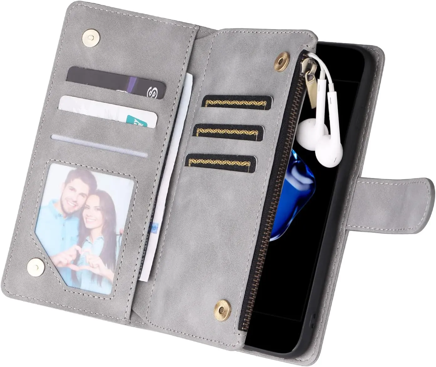 UEEBAI Wallet Case for iPhone 7/iPhone 8/iPhone SE, PU Leather Case Magnetic Closure Handbag Zipper Pocket Case Kickstand Card Slots with Hand Strap Marple Flip Case for Women - Grey