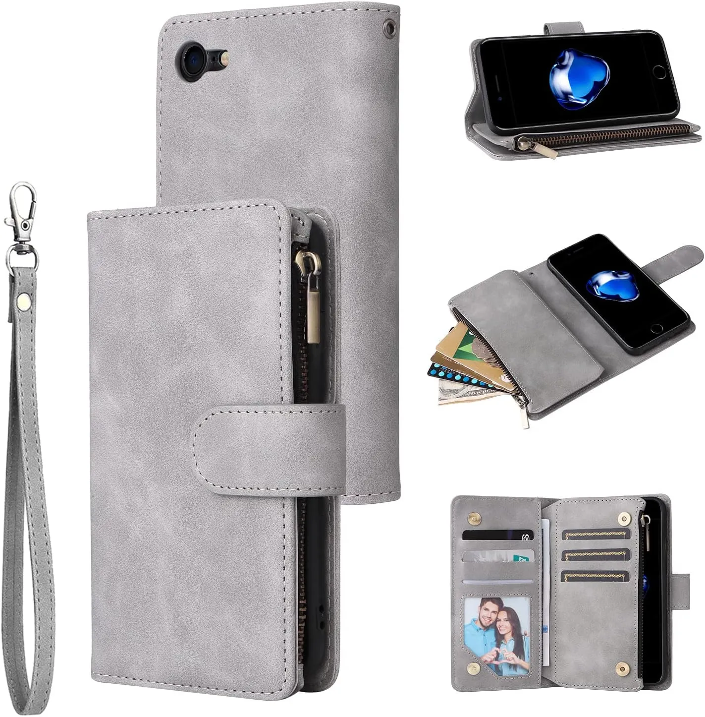 UEEBAI Wallet Case for iPhone 7/iPhone 8/iPhone SE, PU Leather Case Magnetic Closure Handbag Zipper Pocket Case Kickstand Card Slots with Hand Strap Marple Flip Case for Women - Grey