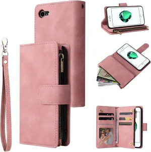 UEEBAI Wallet Case for iPhone 7/iPhone 8/iPhone SE, PU Leather Case Magnetic Closure Handbag Zipper Pocket Case Kickstand Card Slots with Hand Strap Marple Flip Case for Women - Pink