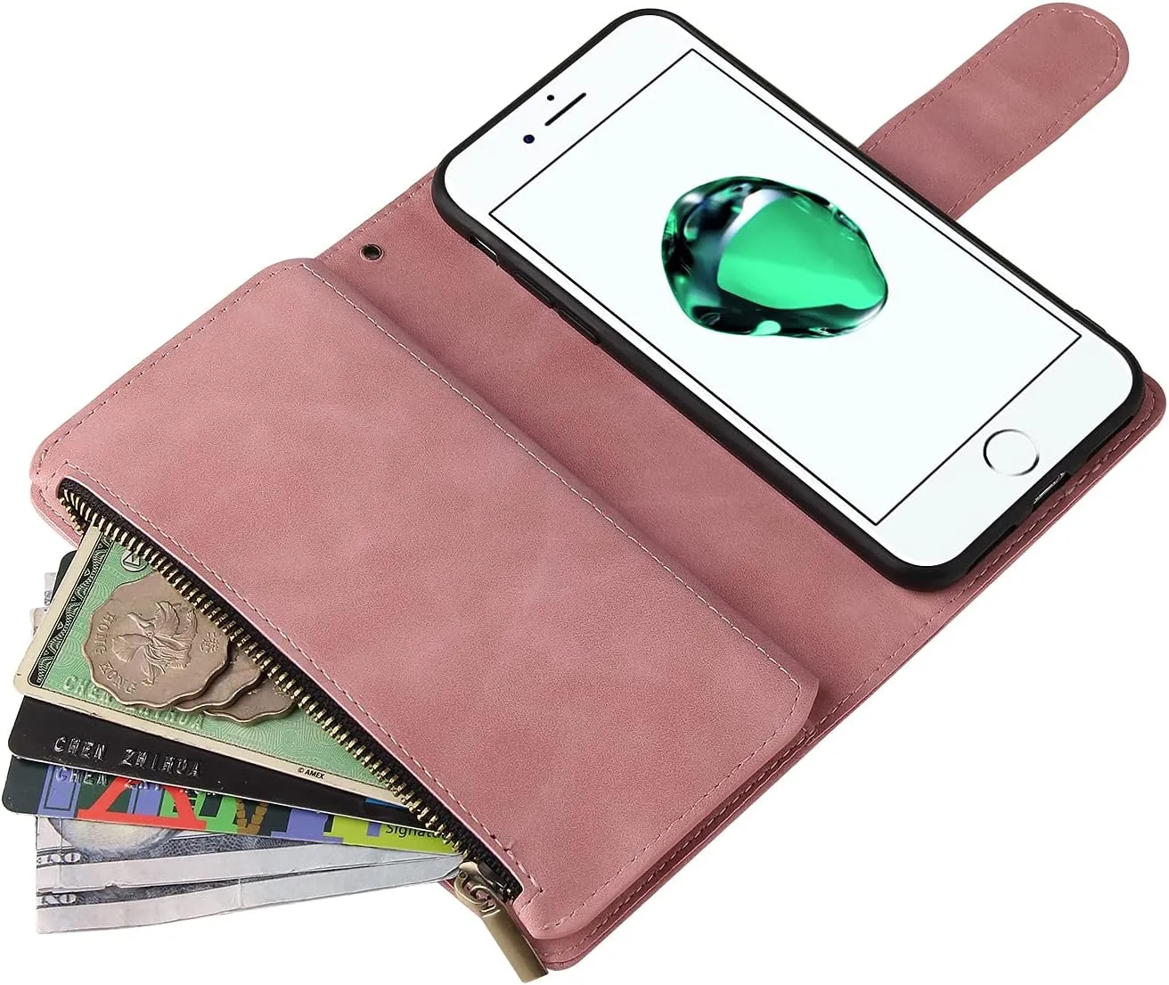 UEEBAI Wallet Case for iPhone 7/iPhone 8/iPhone SE, PU Leather Case Magnetic Closure Handbag Zipper Pocket Case Kickstand Card Slots with Hand Strap Marple Flip Case for Women - Pink