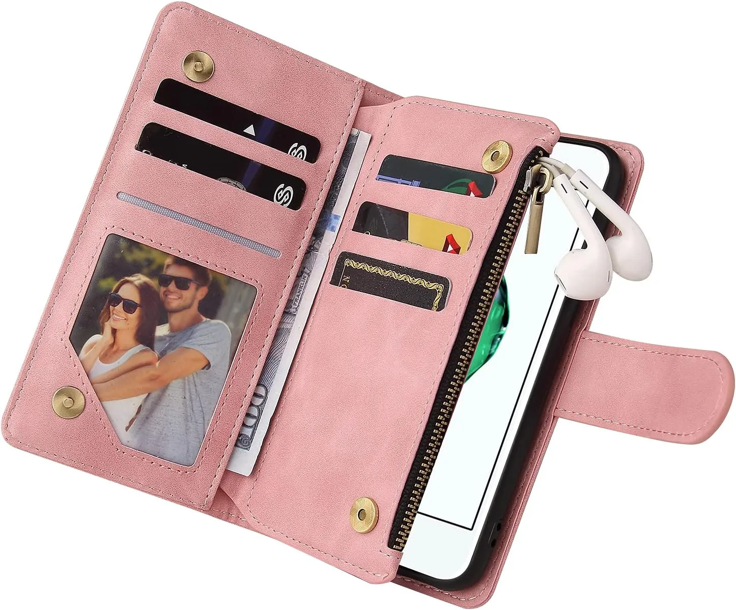 UEEBAI Wallet Case for iPhone 7/iPhone 8/iPhone SE, PU Leather Case Magnetic Closure Handbag Zipper Pocket Case Kickstand Card Slots with Hand Strap Marple Flip Case for Women - Pink