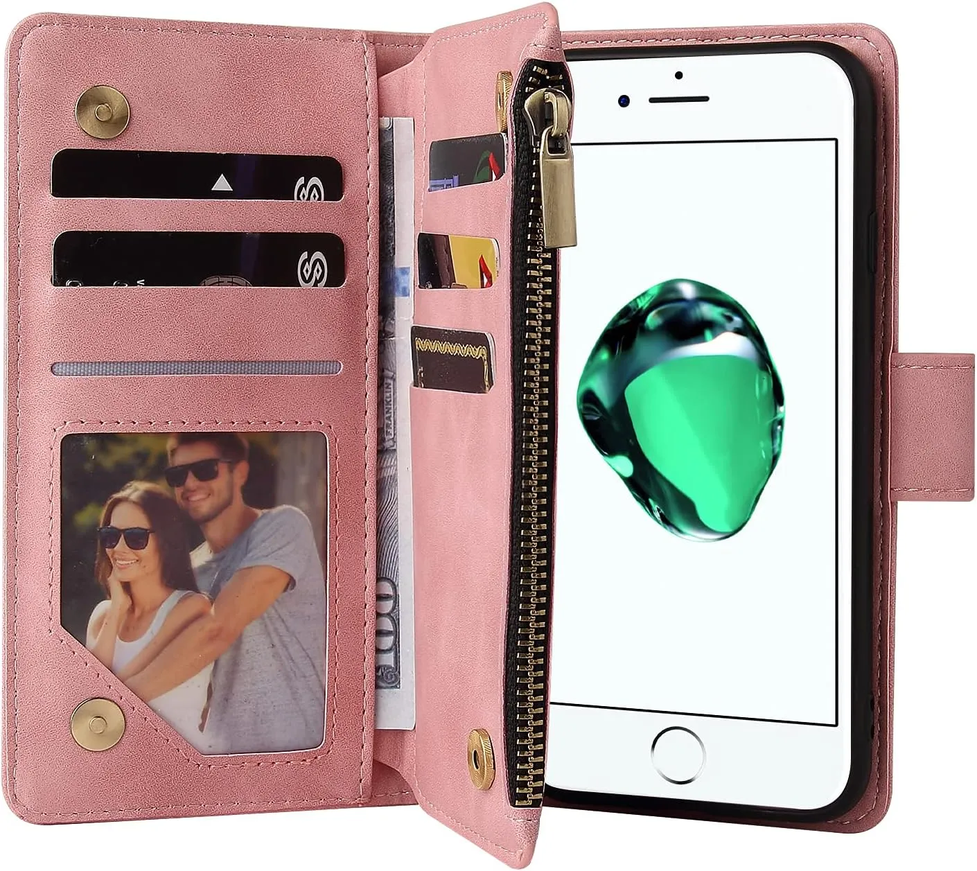 UEEBAI Wallet Case for iPhone 7/iPhone 8/iPhone SE, PU Leather Case Magnetic Closure Handbag Zipper Pocket Case Kickstand Card Slots with Hand Strap Marple Flip Case for Women - Pink