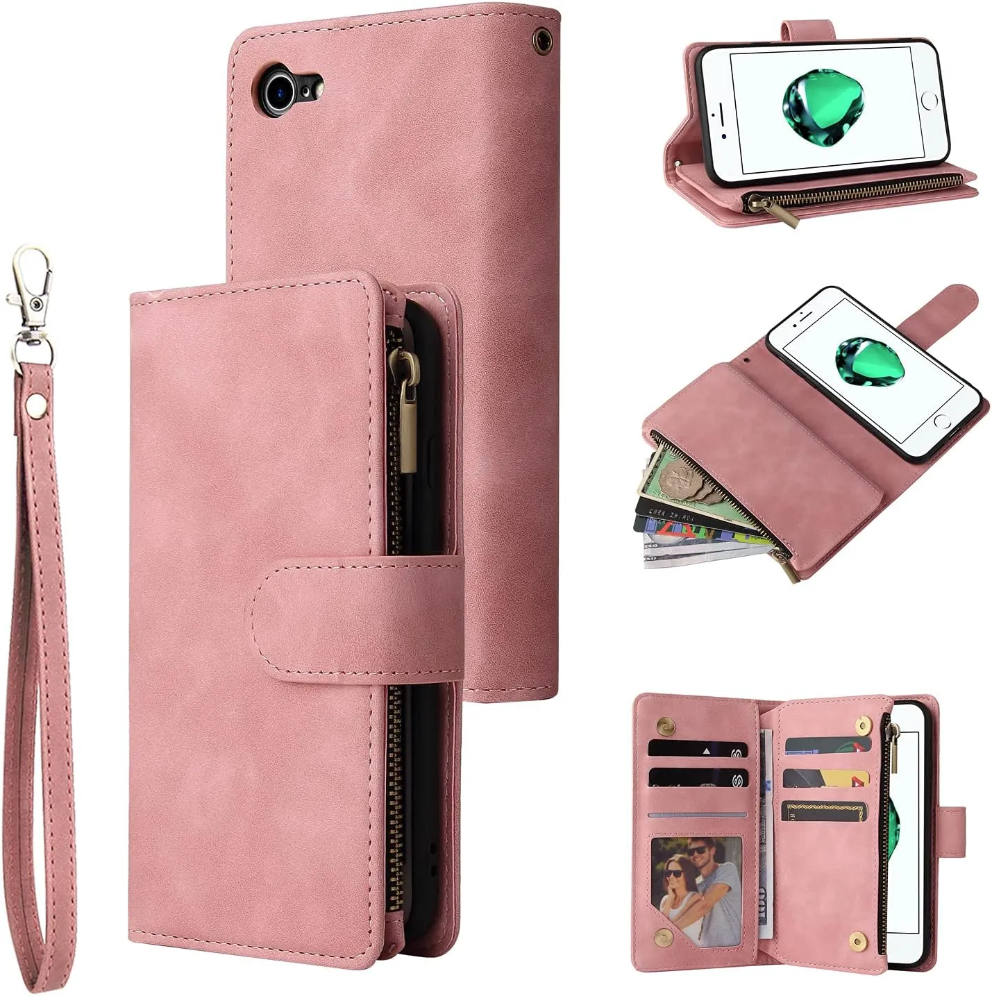 UEEBAI Wallet Case for iPhone 7/iPhone 8/iPhone SE, PU Leather Case Magnetic Closure Handbag Zipper Pocket Case Kickstand Card Slots with Hand Strap Marple Flip Case for Women - Pink