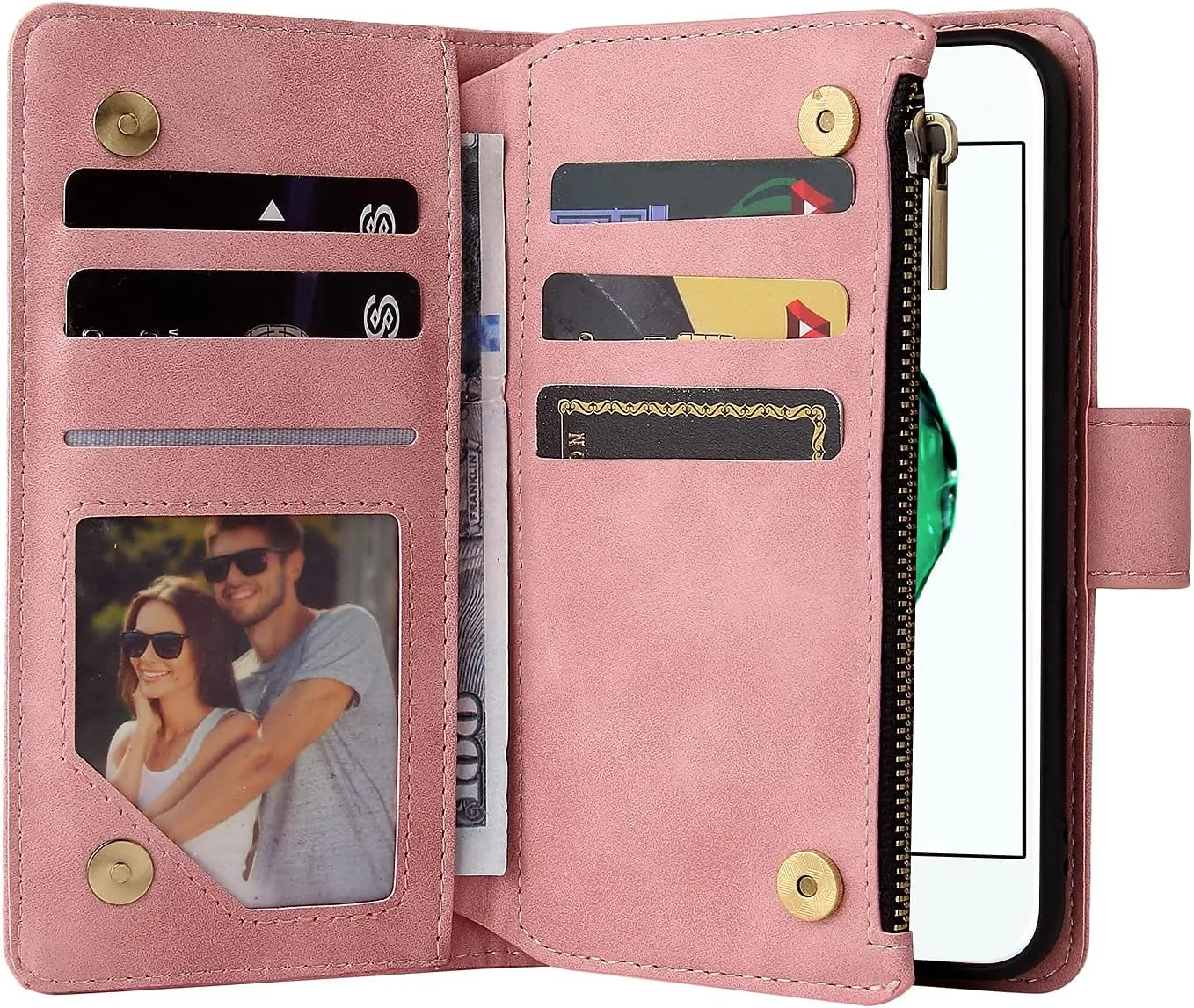UEEBAI Wallet Case for iPhone 7/iPhone 8/iPhone SE, PU Leather Case Magnetic Closure Handbag Zipper Pocket Case Kickstand Card Slots with Hand Strap Marple Flip Case for Women - Pink