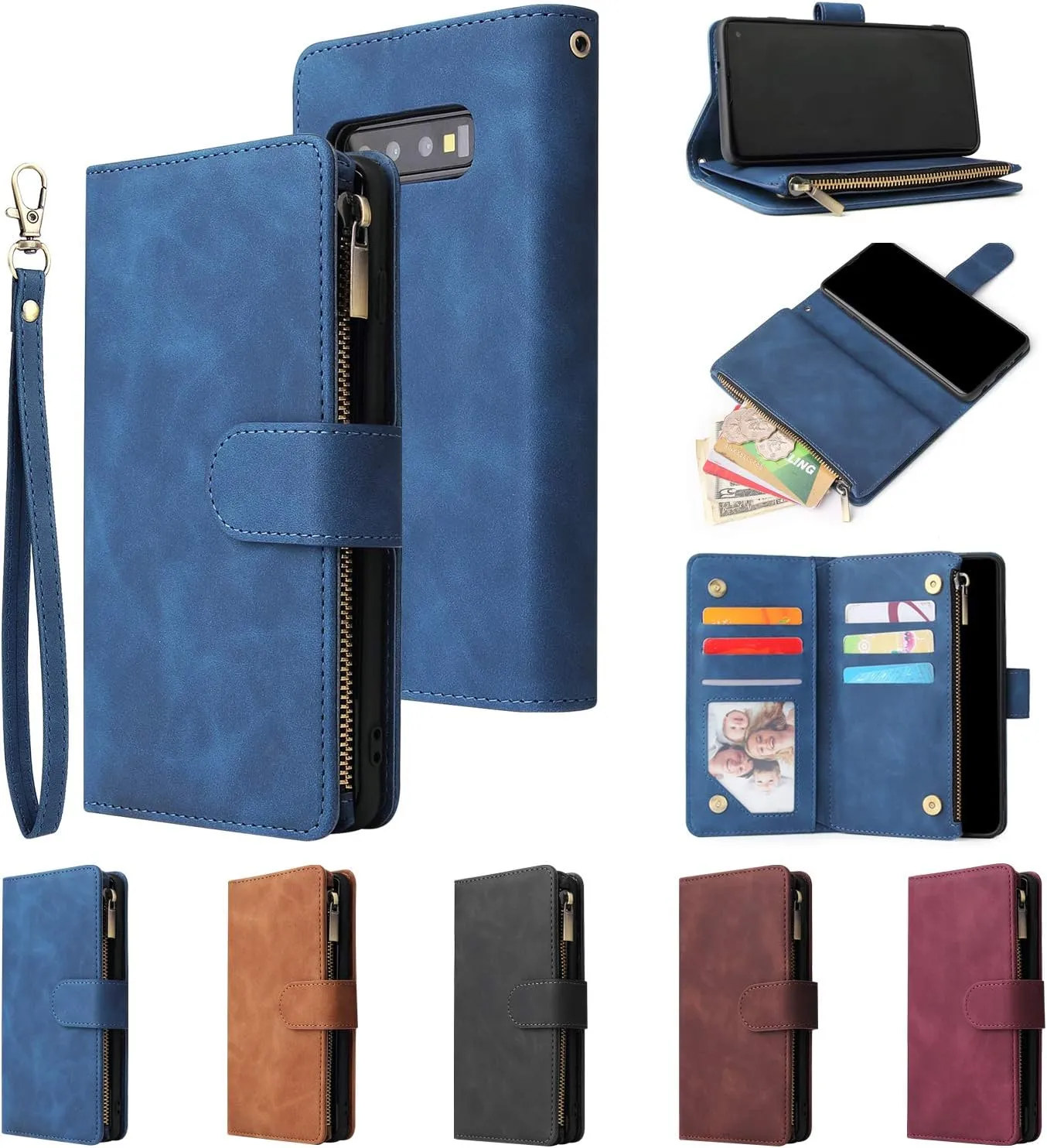 UEEBAI Wallet Case for Samsung Galaxy S10, PU Leather Case Magnetic Closure Handbag Zipper Pocket Case Kickstand Card Slots with Hand Strap Marple Flip Case for Wome
