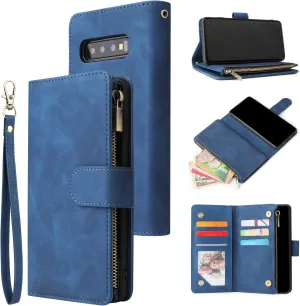 UEEBAI Wallet Case for Samsung Galaxy S10, PU Leather Case Magnetic Closure Handbag Zipper Pocket Case Kickstand Card Slots with Hand Strap Marple Flip Case for Wome