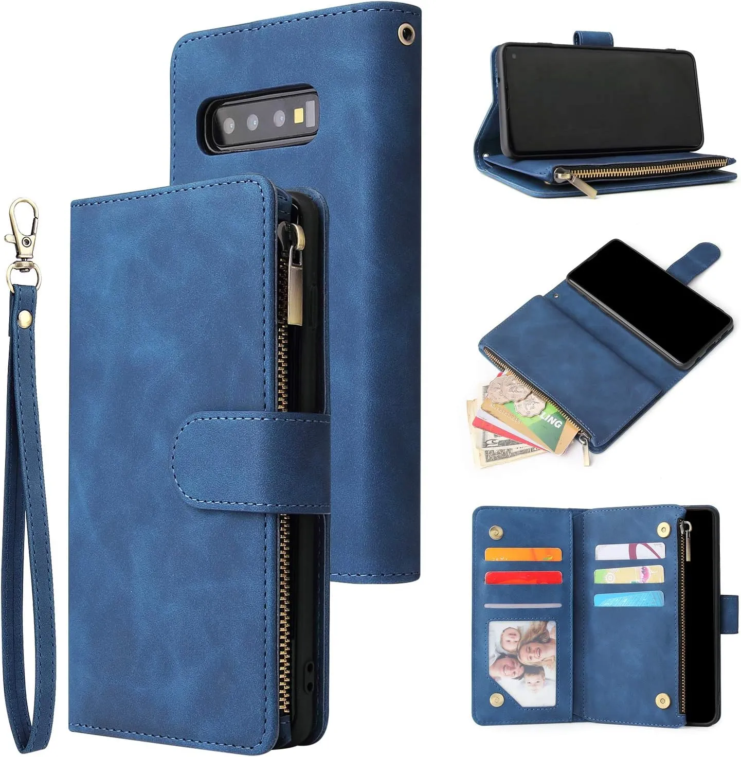 UEEBAI Wallet Case for Samsung Galaxy S10, PU Leather Case Magnetic Closure Handbag Zipper Pocket Case Kickstand Card Slots with Hand Strap Marple Flip Case for Wome