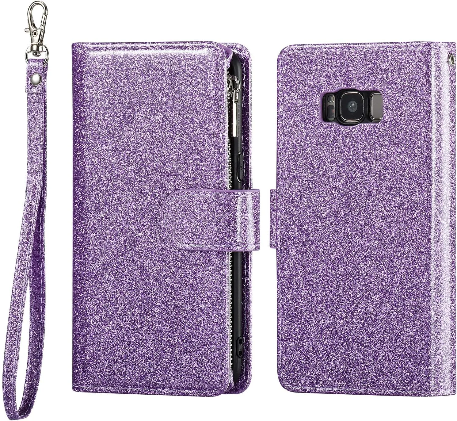 UEEBAI Wallet Case for Samsung Galaxy S8 Plus, PU Leather Case Magnetic Closure Handbag Zipper Pocket Case Kickstand Card Slots with Hand Strap Marple Flip Case for Women - Glitter Purple