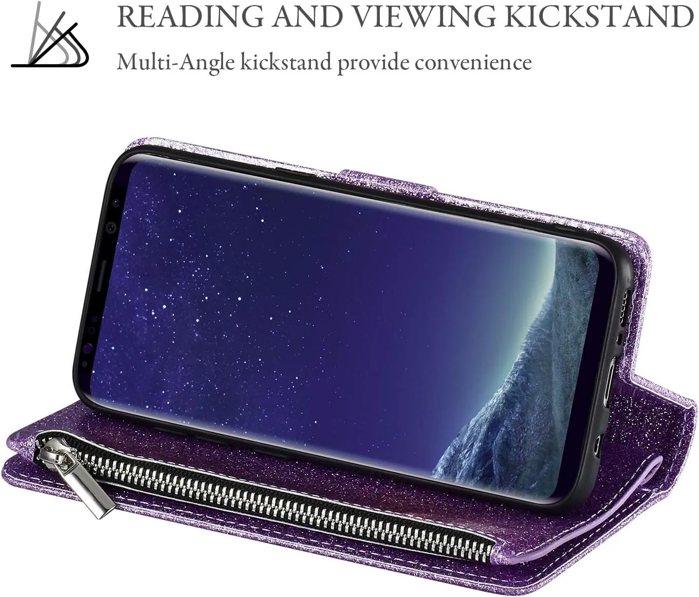 UEEBAI Wallet Case for Samsung Galaxy S8 Plus, PU Leather Case Magnetic Closure Handbag Zipper Pocket Case Kickstand Card Slots with Hand Strap Marple Flip Case for Women - Glitter Purple
