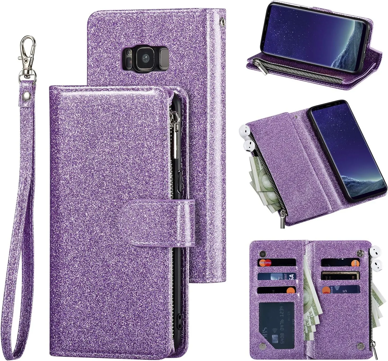UEEBAI Wallet Case for Samsung Galaxy S8 Plus, PU Leather Case Magnetic Closure Handbag Zipper Pocket Case Kickstand Card Slots with Hand Strap Marple Flip Case for Women - Glitter Purple