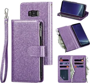 UEEBAI Wallet Case for Samsung Galaxy S8 Plus, PU Leather Case Magnetic Closure Handbag Zipper Pocket Case Kickstand Card Slots with Hand Strap Marple Flip Case for Women - Glitter Purple