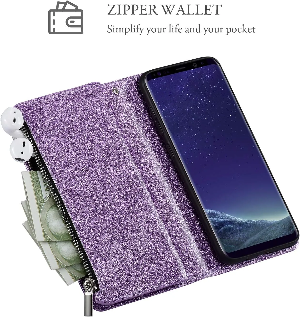 UEEBAI Wallet Case for Samsung Galaxy S8 Plus, PU Leather Case Magnetic Closure Handbag Zipper Pocket Case Kickstand Card Slots with Hand Strap Marple Flip Case for Women - Glitter Purple