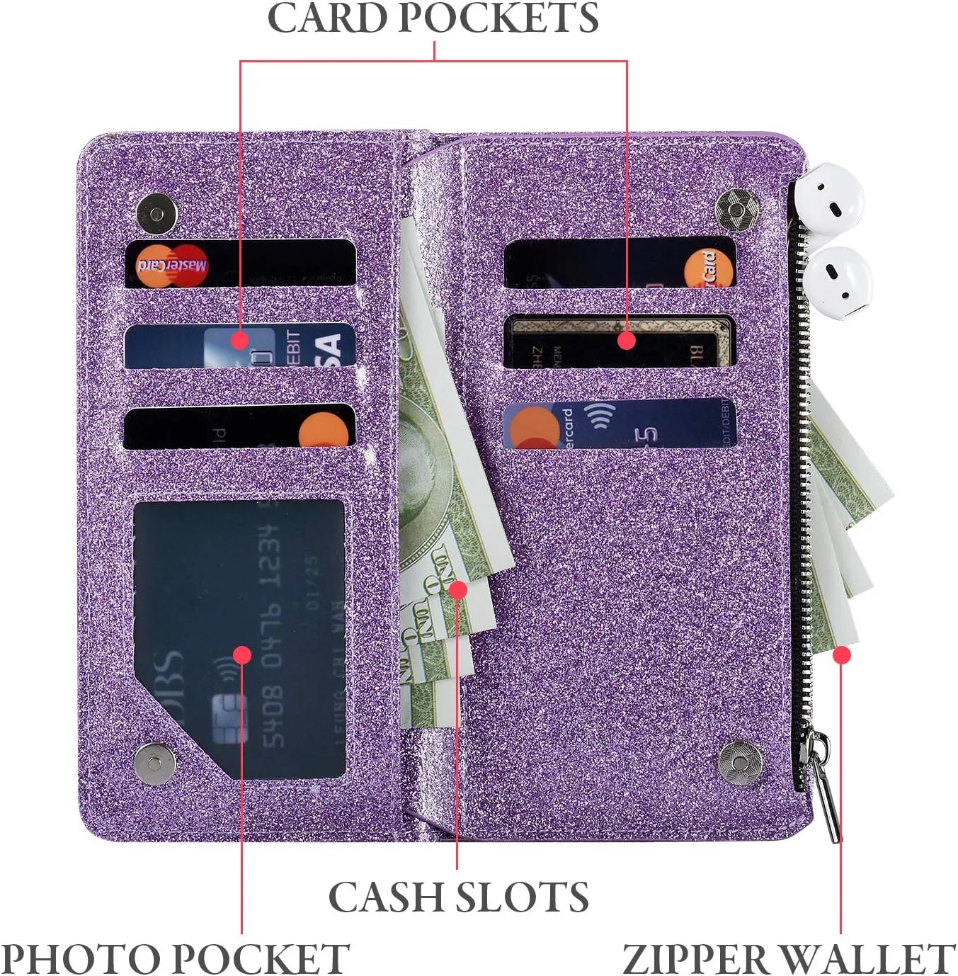 UEEBAI Wallet Case for Samsung Galaxy S8 Plus, PU Leather Case Magnetic Closure Handbag Zipper Pocket Case Kickstand Card Slots with Hand Strap Marple Flip Case for Women - Glitter Purple